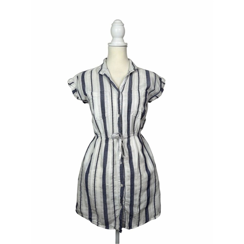 Japna Blue White Striped Cotton Shirt Dress Tie Waist Pockets Casual Coastal